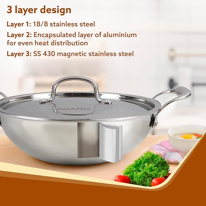 AGARO Regency 2.25L Tri-Ply Stainless Steel Kadai (24cm) | Induction & Gas Safe | Premium Cookware