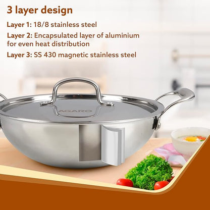 AGARO Regency 2.25L Tri-Ply Stainless Steel Kadai (24cm) | Induction & Gas Safe | Premium Cookware