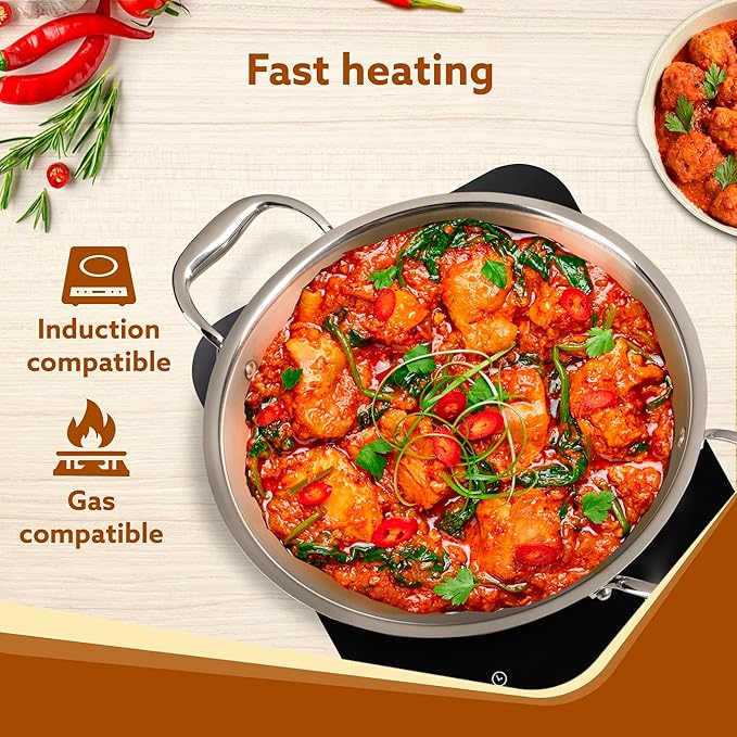 AGARO Regency 2.25L Tri-Ply Stainless Steel Kadai (24cm) | Induction & Gas Safe | Premium Cookware