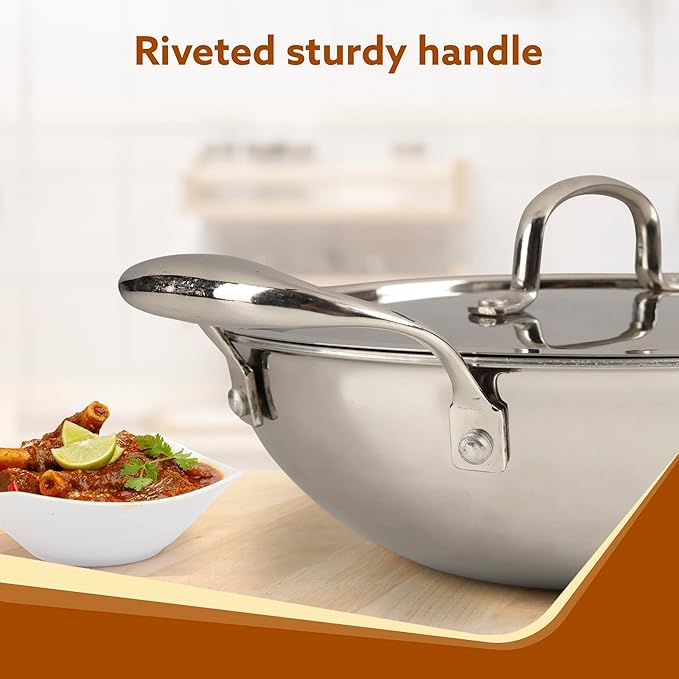 AGARO Regency 2.25L Tri-Ply Stainless Steel Kadai (24cm) | Induction & Gas Safe | Premium Cookware