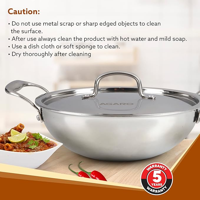 AGARO Regency 2.25L Tri-Ply Stainless Steel Kadai (24cm) | Induction & Gas Safe | Premium Cookware