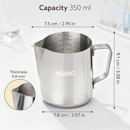 AGARO 350ml Stainless Steel Milk Frothing Pitcher with Latte Art Pen | 304 Steel Espresso Coffee Jug for Cappuccino & Latte