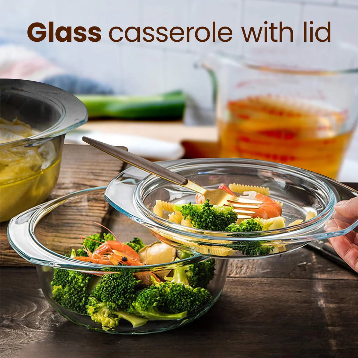 AGARO Elite Glass Casserole Set with Lid (700ml & 1500ml) | Heat Resistant Borosilicate Glass | Microwave Safe Serving Bowls