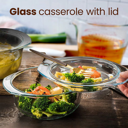 AGARO Elite Glass Casserole Set with Lid (700ml & 1500ml) | Heat Resistant Borosilicate Glass | Microwave Safe Serving Bowls