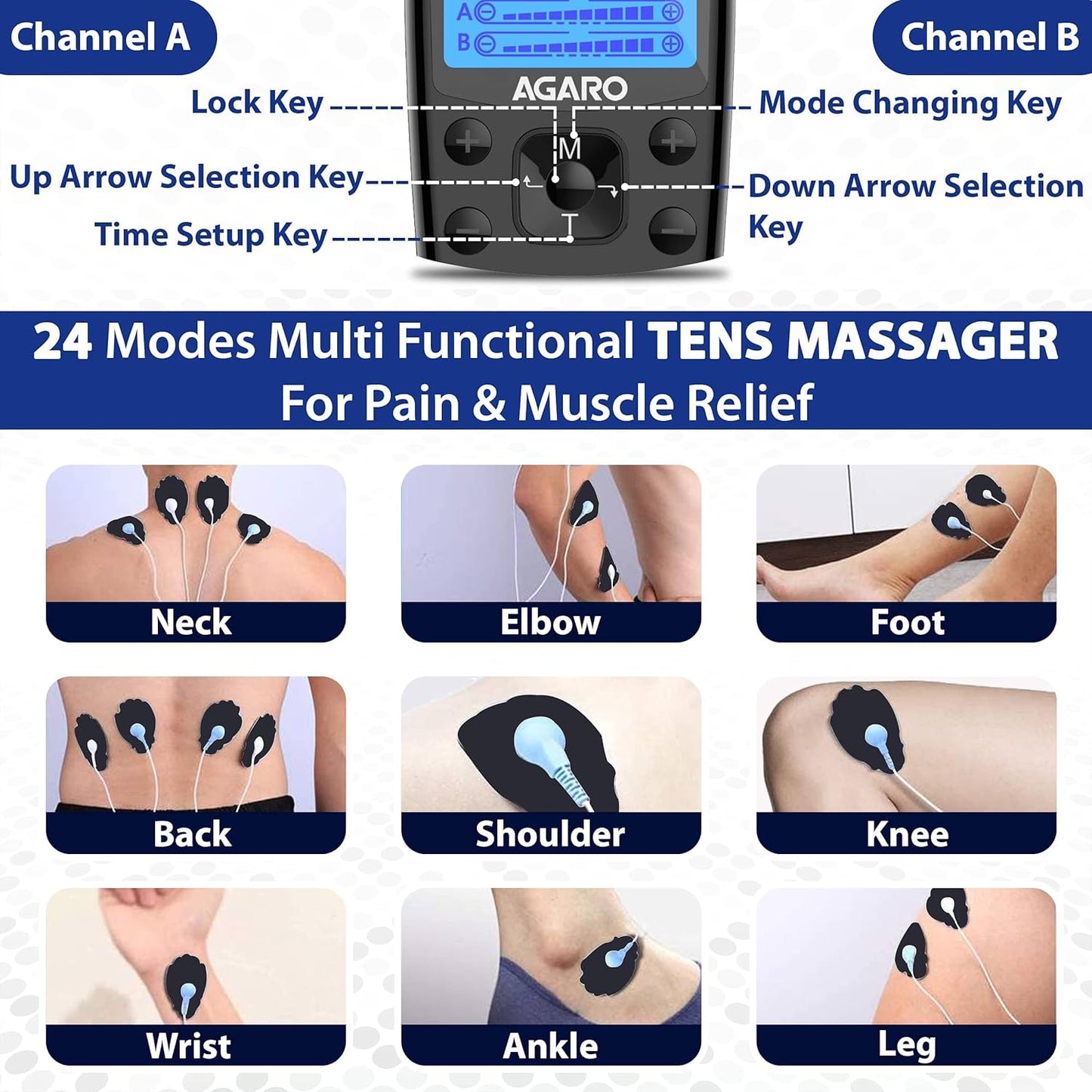 AGARO Dual Channel TENS Massager TM2421 – 24 Massage Modes, 20 Intensity Levels, Rechargeable Muscle & Nerve Stimulator for Pain Relief Therapy & Physiotherapy with 10 Gel Pads +  FREE Agaro Lint Remover🔥