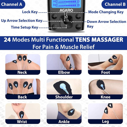 AGARO Dual Channel TENS Massager TM2421 – 24 Massage Modes, 20 Intensity Levels, Rechargeable Muscle & Nerve Stimulator for Pain Relief Therapy & Physiotherapy with 10 Gel Pads + FREE AirPods Worth ₹799 🎧🔥