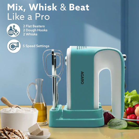 Agaro Regency 300W Hand Mixer Blender – 5 Speed Electric Beater with Detachable Beaters, Whisker & Dough Hooks | Perfect for Cake, Cream & Dough Mixing
