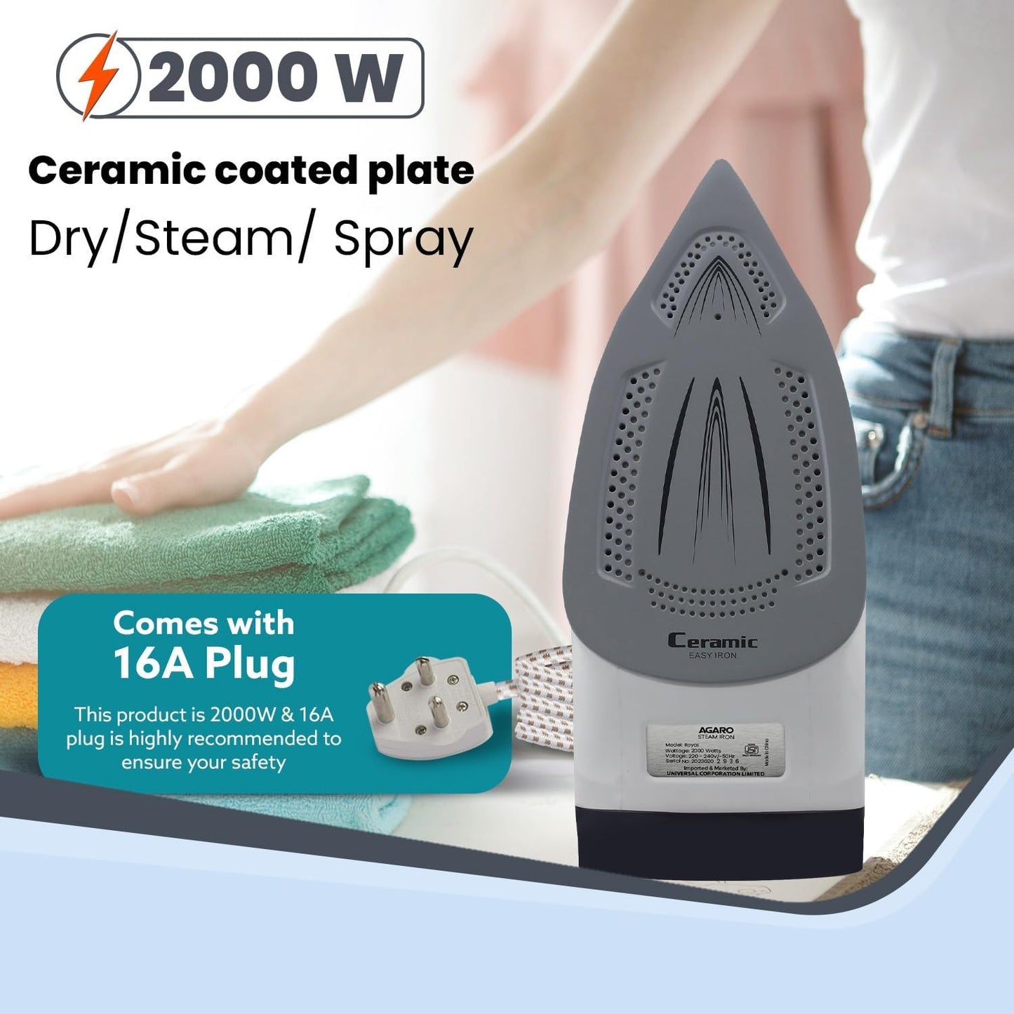 AGARO Royal Steam Iron 2000W with Ceramic Soleplate | Fast Heating, Anti-Drip & Anti-Calc | 320ml Tank | Spray/Steam/Dry Functions | 360° Swivel Cord | FREE AGARO Coffee Frother Worth ₹799