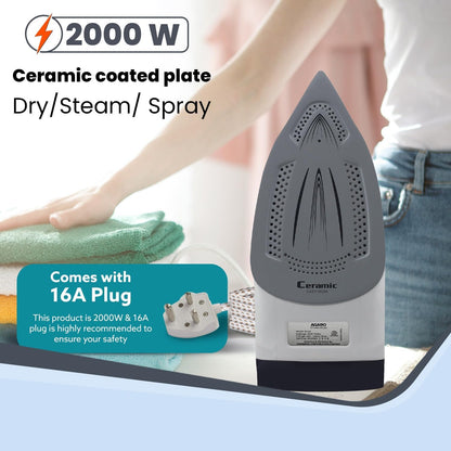 AGARO Royal Steam Iron 2000W with Ceramic Soleplate | Fast Heating, Anti-Drip & Anti-Calc | 320ml Tank | Spray/Steam/Dry Functions | 360° Swivel Cord | FREE AGARO Coffee Frother Worth ₹799