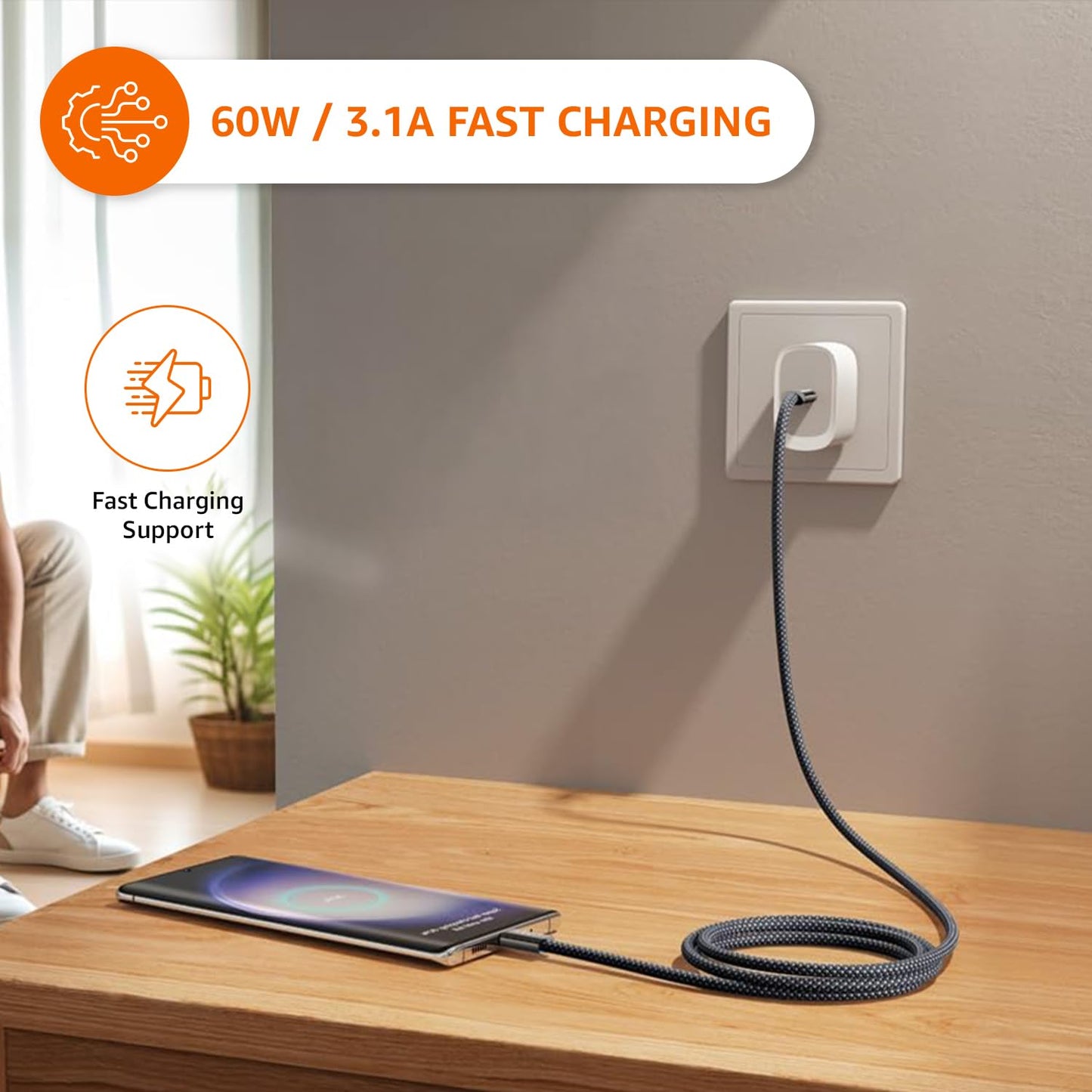 Amazon Basics Magnetic Coiled Type-C Cable 60W Fast Charging | 1M USB-C to USB-C Cable