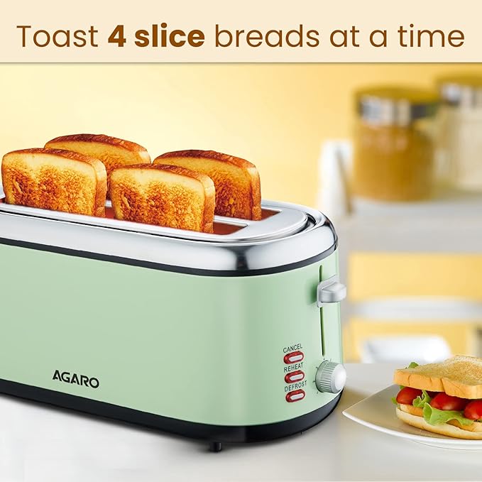 AGARO Royal 4 Slice Stainless Steel Pop-Up Toaster – 1450W Bread Toaster with Reheat, Defrost & Cancel Functions | Variable Heat Settings & Removable Crumb Tray for Perfect Breakfast + FREE Milk Frother @ ₹799 ☕🔥