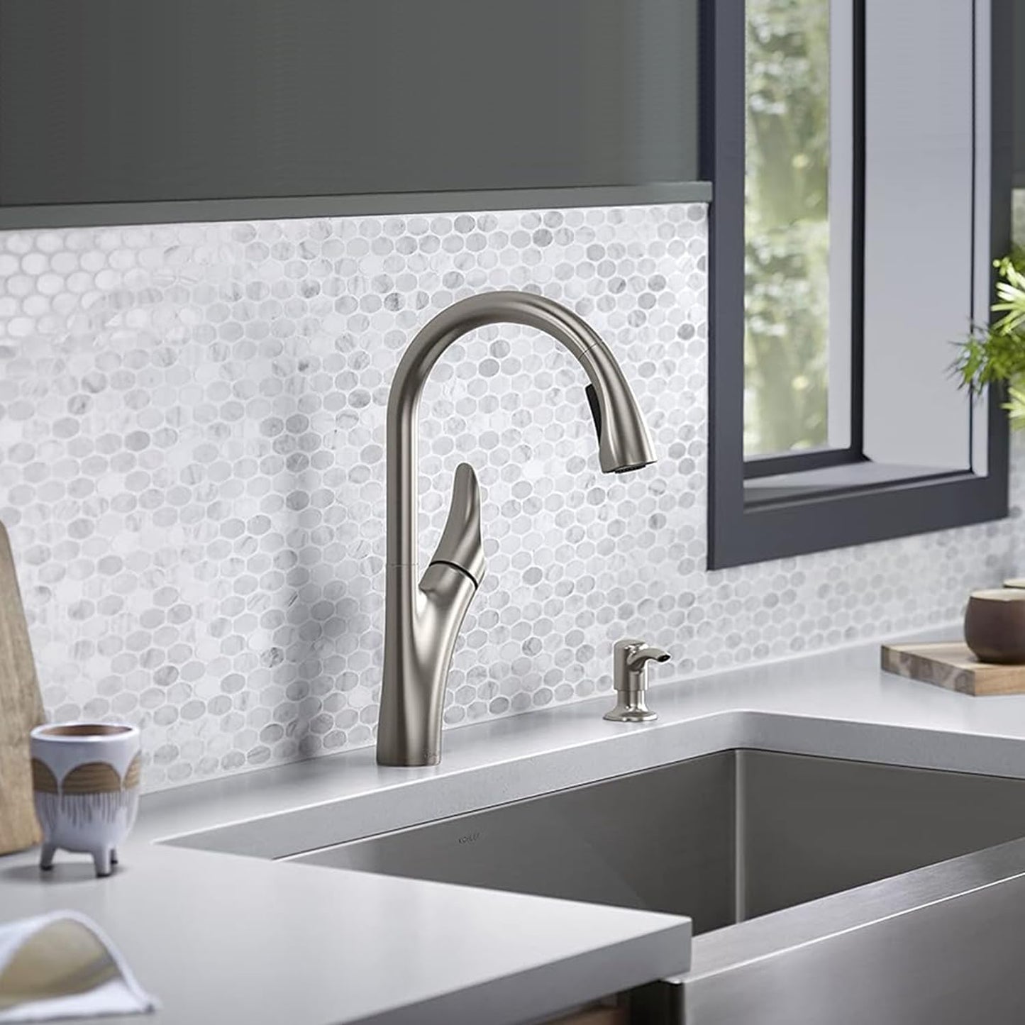 KOHLER Emile Pull-Down Kitchen Faucet 26448IN-4-VS | Premium Sweep Spray Kitchen Tap with Multi-Function Docking Spray Head | Vibrant Stainless Steel Finish
