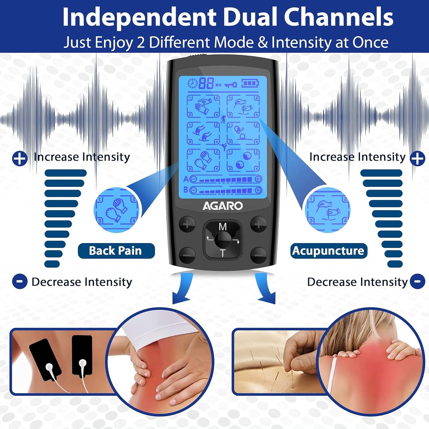 AGARO Dual Channel TENS Massager TM2421 – 24 Massage Modes, 20 Intensity Levels, Rechargeable Muscle & Nerve Stimulator for Pain Relief Therapy & Physiotherapy with 10 Gel Pads +  FREE Agaro Lint Remover🔥