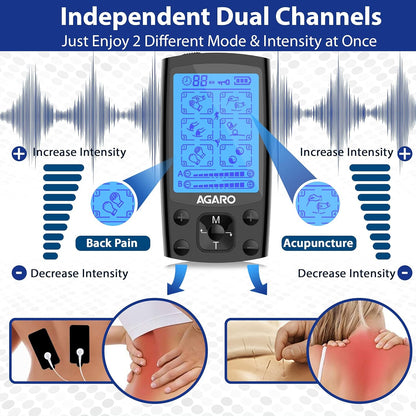 AGARO Dual Channel TENS Massager TM2421 – 24 Massage Modes, 20 Intensity Levels, Rechargeable Muscle & Nerve Stimulator for Pain Relief Therapy & Physiotherapy with 10 Gel Pads +  FREE Agaro Lint Remover🔥