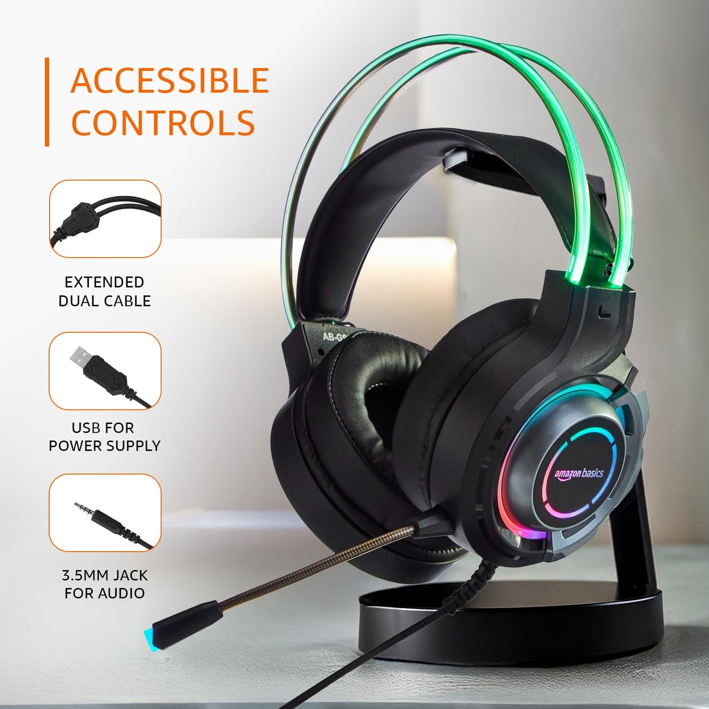 Amazon Basics RGB Wired Gaming Headphones with Mic | 2m Cable, 3.5mm Jack, Immersive Sound