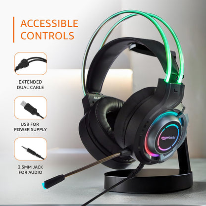 Amazon Basics RGB Wired Gaming Headphones with Mic | 2m Cable, 3.5mm Jack, Immersive Sound