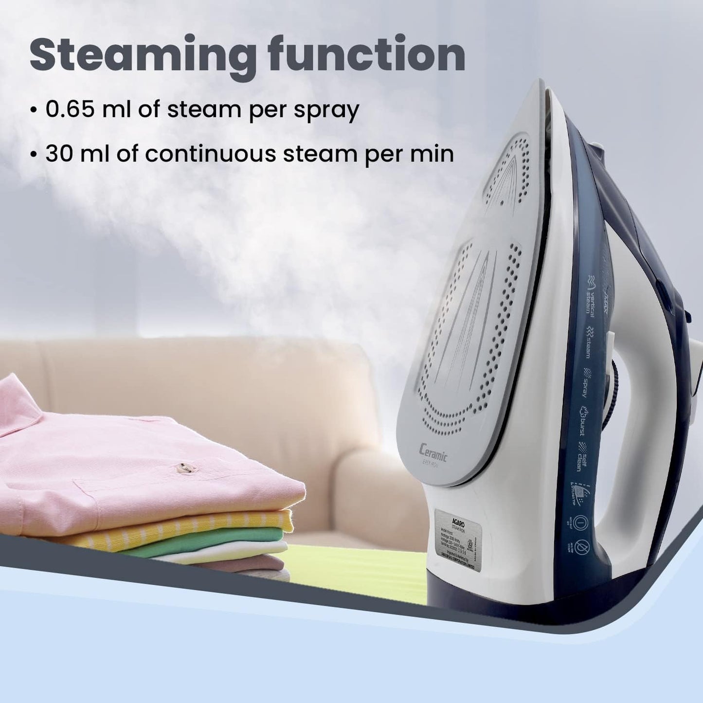 AGARO Royal Steam Iron 2000W with Ceramic Soleplate | Fast Heating, Anti-Drip & Anti-Calc | 320ml Tank | Spray/Steam/Dry Functions | 360° Swivel Cord | FREE AGARO Coffee Frother Worth ₹799
