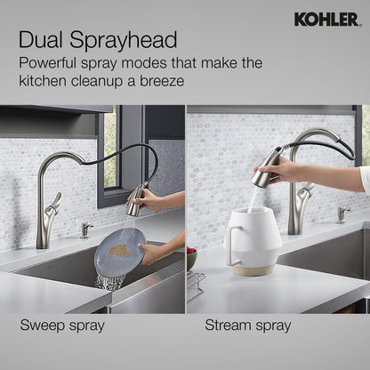 KOHLER Emile Pull-Down Kitchen Faucet 26448IN-4-VS | Premium Sweep Spray Kitchen Tap with Multi-Function Docking Spray Head | Vibrant Stainless Steel Finish