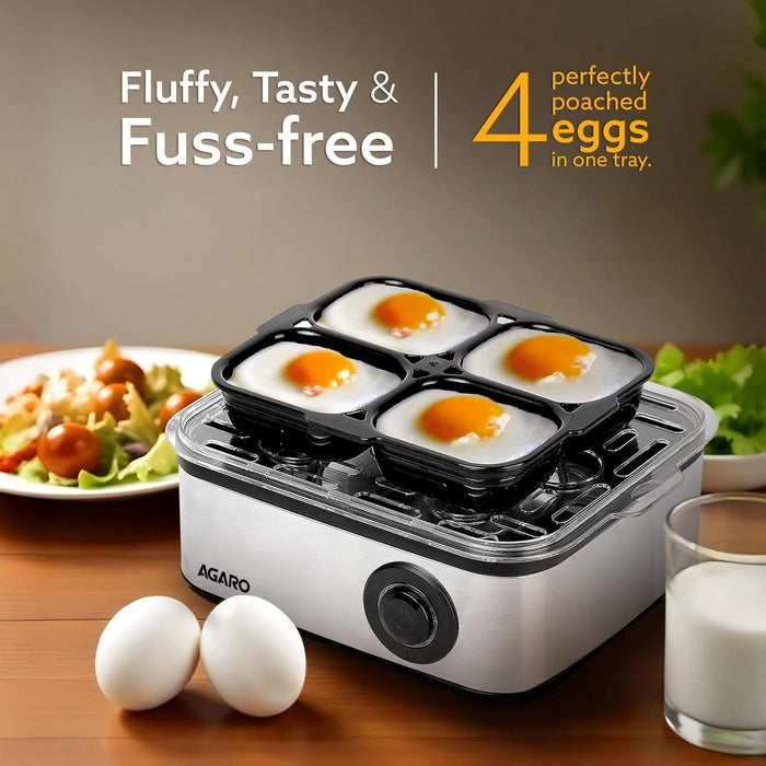 AGARO Grand Egg Boiler And Poacher, 2-in1 Boils 8 Eggs, Poach 4 Eggs, Steamed Vegetables, 3 Boiling Types, Stainless Steel Body, Transparent Lid, 500W, Silver