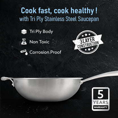 AGARO Triply Stainless Steel Wok 26cm (3L) | 2.5mm Thick | Induction & Gas Compatible | Heavy-Duty Riveted Handle