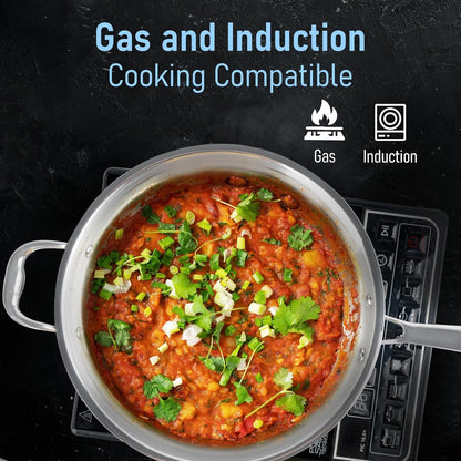 AGARO Triply Stainless Steel Wok 26cm (3L) | 2.5mm Thick | Induction & Gas Compatible | Heavy-Duty Riveted Handle