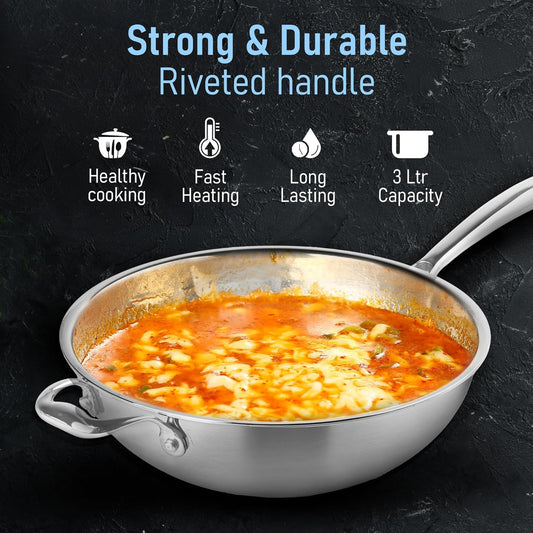 AGARO Triply Stainless Steel Wok 26cm (3L) | 2.5mm Thick | Induction & Gas Compatible | Heavy-Duty Riveted Handle