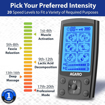 AGARO Dual Channel TENS Massager TM2421 – 24 Massage Modes, 20 Intensity Levels, Rechargeable Muscle & Nerve Stimulator for Pain Relief Therapy & Physiotherapy with 10 Gel Pads +  FREE Agaro Lint Remover🔥