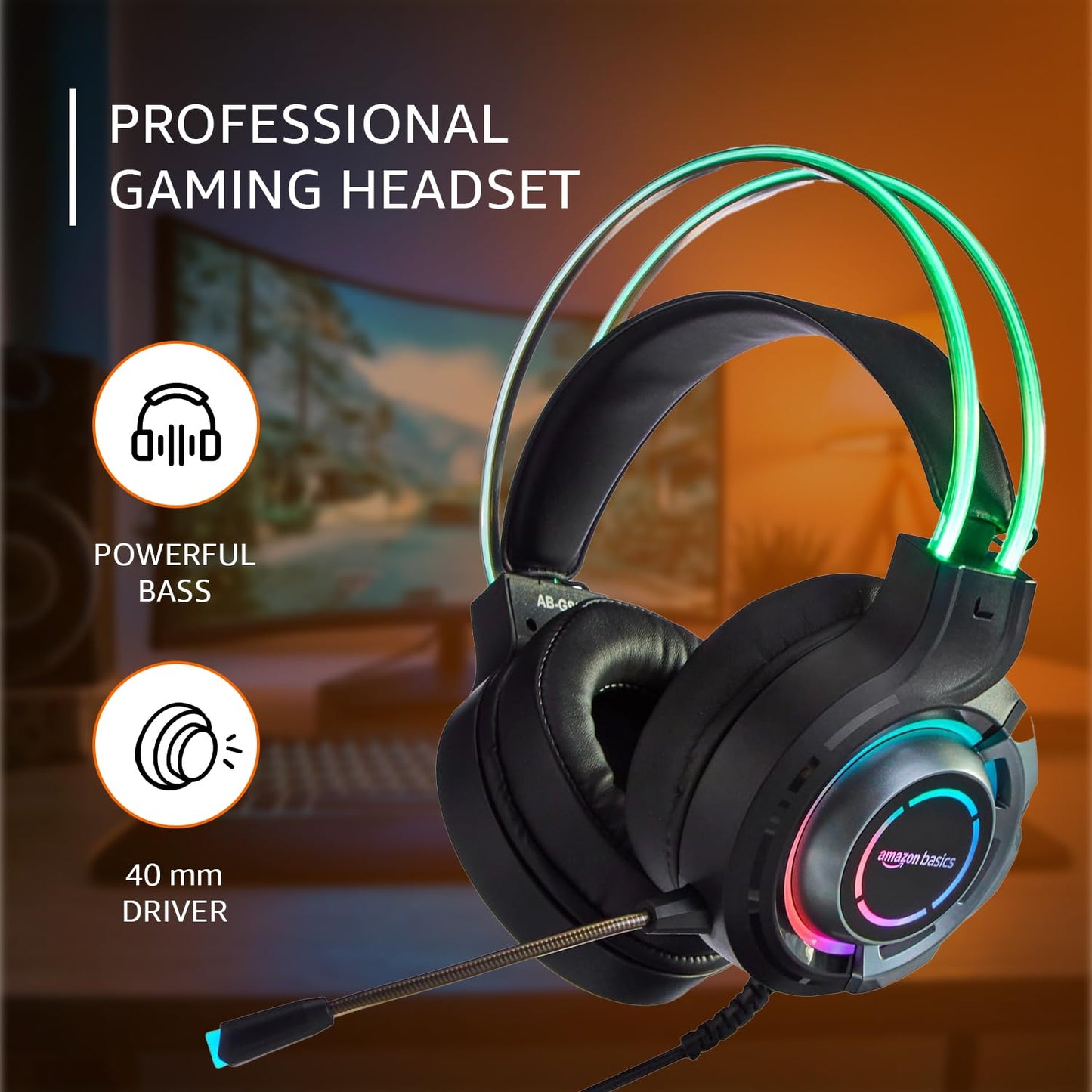 Amazon Basics RGB Wired Gaming Headphones with Mic | 2m Cable, 3.5mm Jack, Immersive Sound