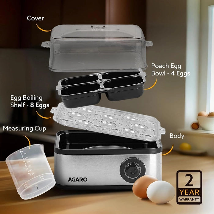 AGARO Grand Egg Boiler And Poacher, 2-in1 Boils 8 Eggs, Poach 4 Eggs, Steamed Vegetables, 3 Boiling Types, Stainless Steel Body, Transparent Lid, 500W, Silver