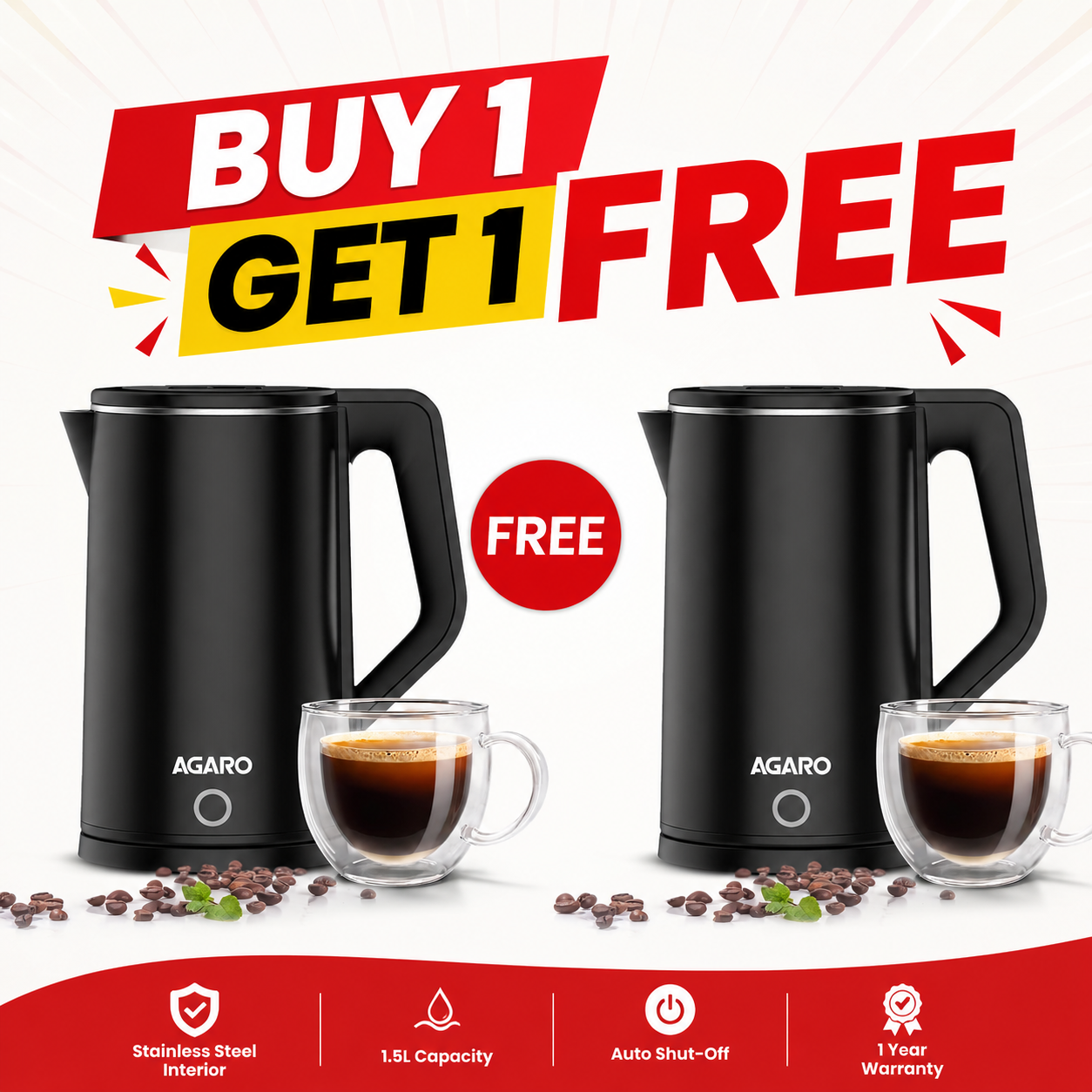 AGARO A New  Elegant Electric Kettle 1.8L | 1500W Fast Boil Stainless Steel Water Heater | Buy 1 Get 1 Free