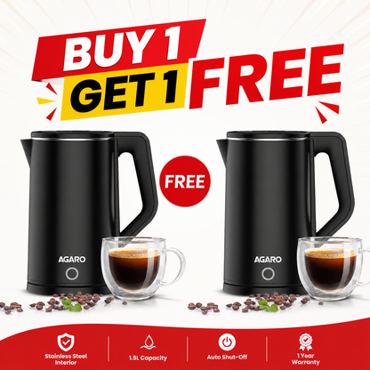 AGARO A New  Elegant Electric Kettle 1.8L | 1500W Fast Boil Stainless Steel Water Heater | Buy 1 Get 1 Free