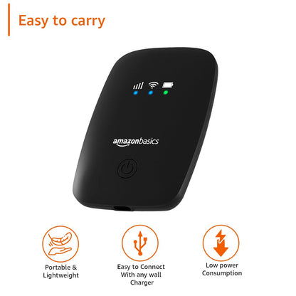 Amazon Basics 4G LTE Wireless Dongle – All SIM Network Support | Plug & Play Single-Band Data Card | Up to 150Mbps WiFi Hotspot | 2200mAh Rechargeable Battery | SIM Adapter Included (Black)