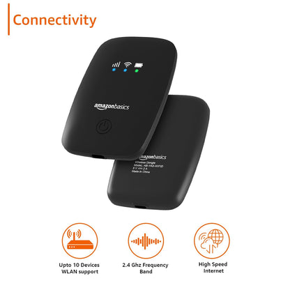 Amazon Basics 4G LTE Wireless Dongle – All SIM Network Support | Plug & Play Single-Band Data Card | Up to 150Mbps WiFi Hotspot | 2200mAh Rechargeable Battery | SIM Adapter Included (Black)