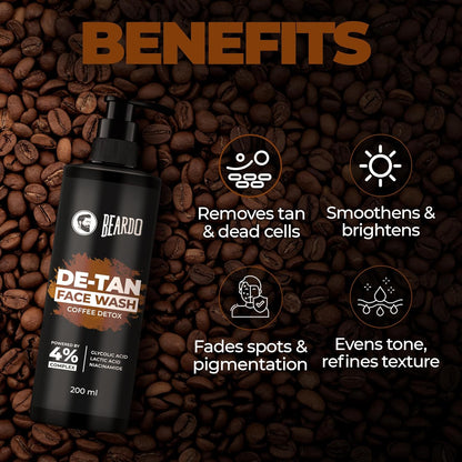 BEARDO DeTan Face Wash for Men – 200ml with Glycolic Acid, Niacinamide & Coffee | Helps Reduce Tan, Dark Spots & Pigmentation for Smooth, Oil-Free Skin | BUY 1 GET 1 FREE @ ₹499 🔥