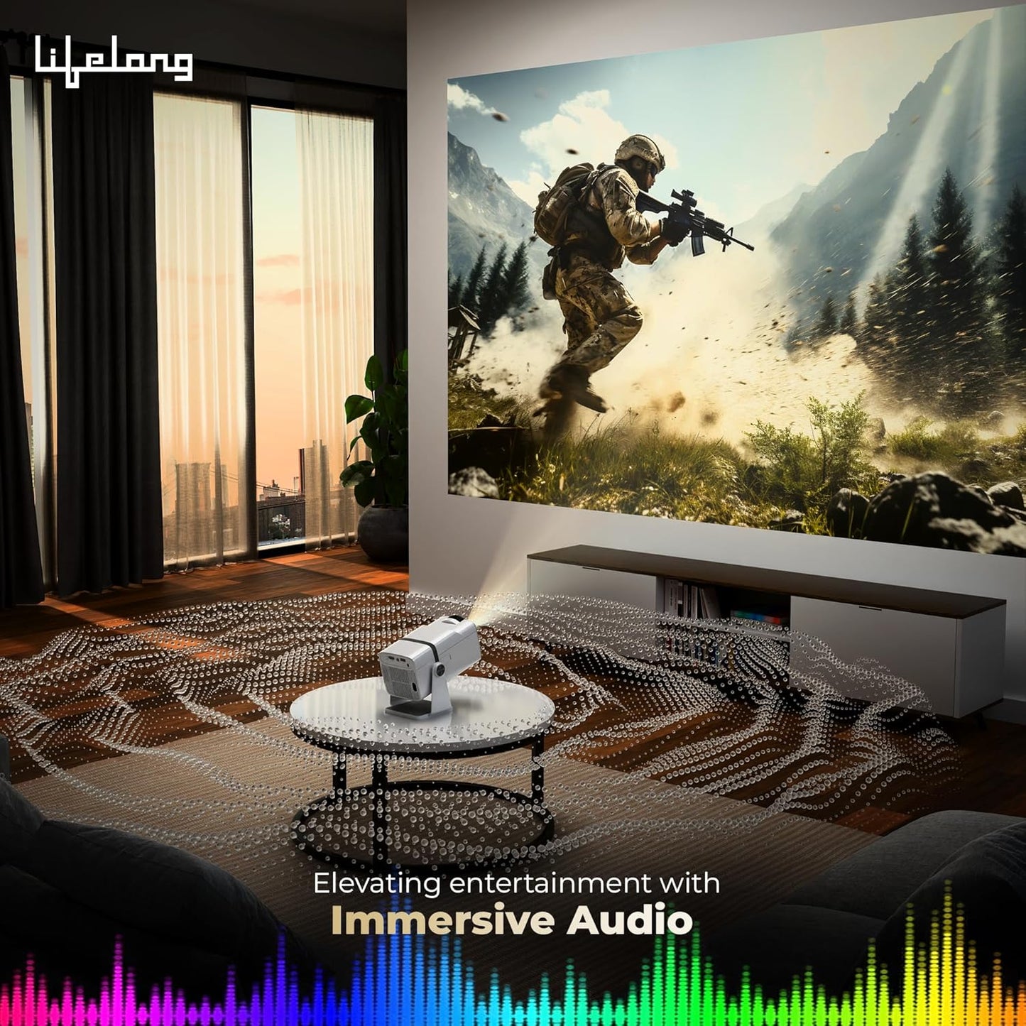 Lifelong Electronics Lightbeam X Smart Projector – Android Powered 1080P Full HD & 4K Ultra HD Support | 3500 Lumens, WiFi, Bluetooth, OTT Apps, 180° Rotation, Built-in Speakers & HDMI | Home Theater for Room & Outdoor + FREE AirPods Worth ₹799 🎧🔥