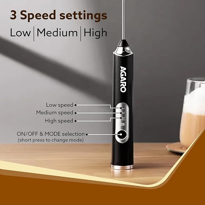 AGARO Royal Milk Frother – Rechargeable 3-Speed Electric Coffee Whisk & Mixer with Stainless Steel Stand | Powerful Handheld Frother for Coffee, Cream & Milk Foam ☕🔥