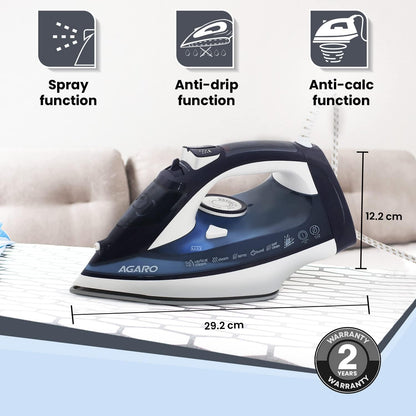 AGARO Royal Steam Iron 2000W with Ceramic Soleplate | Fast Heating, Anti-Drip & Anti-Calc | 320ml Tank | Spray/Steam/Dry Functions | 360° Swivel Cord | FREE AGARO Coffee Frother Worth ₹799