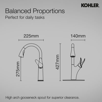 KOHLER Emile Pull-Down Kitchen Faucet 26448IN-4-VS | Premium Sweep Spray Kitchen Tap with Multi-Function Docking Spray Head | Vibrant Stainless Steel Finish