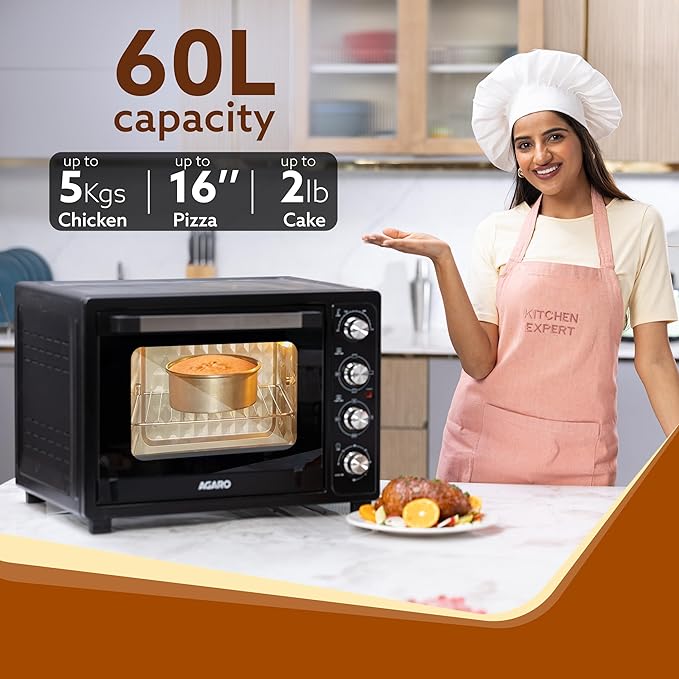 AGARO Royal 60L OTG Oven Toaster Griller – Convection Oven with Motorized Rotisserie, 3 Heating Modes (Black)