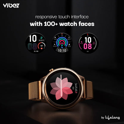 Vibez Xena Smartwatch for Women – Gold | HD Display, ECG+PPG, SpO₂, Heart Rate, IP68 | 10 Days Battery + BUY 1 GET 1 AirPods FREE (Worth ₹799)