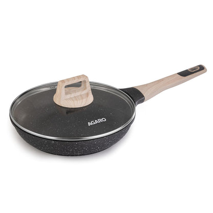 AGARO Imperial Granite Non-Stick Fry Pan 24cm (1.6L) with Glass Lid | Cast Aluminium Body | Omelette, Egg & Fish Fry Pan | Gas & Induction Compatible | Dark Grey