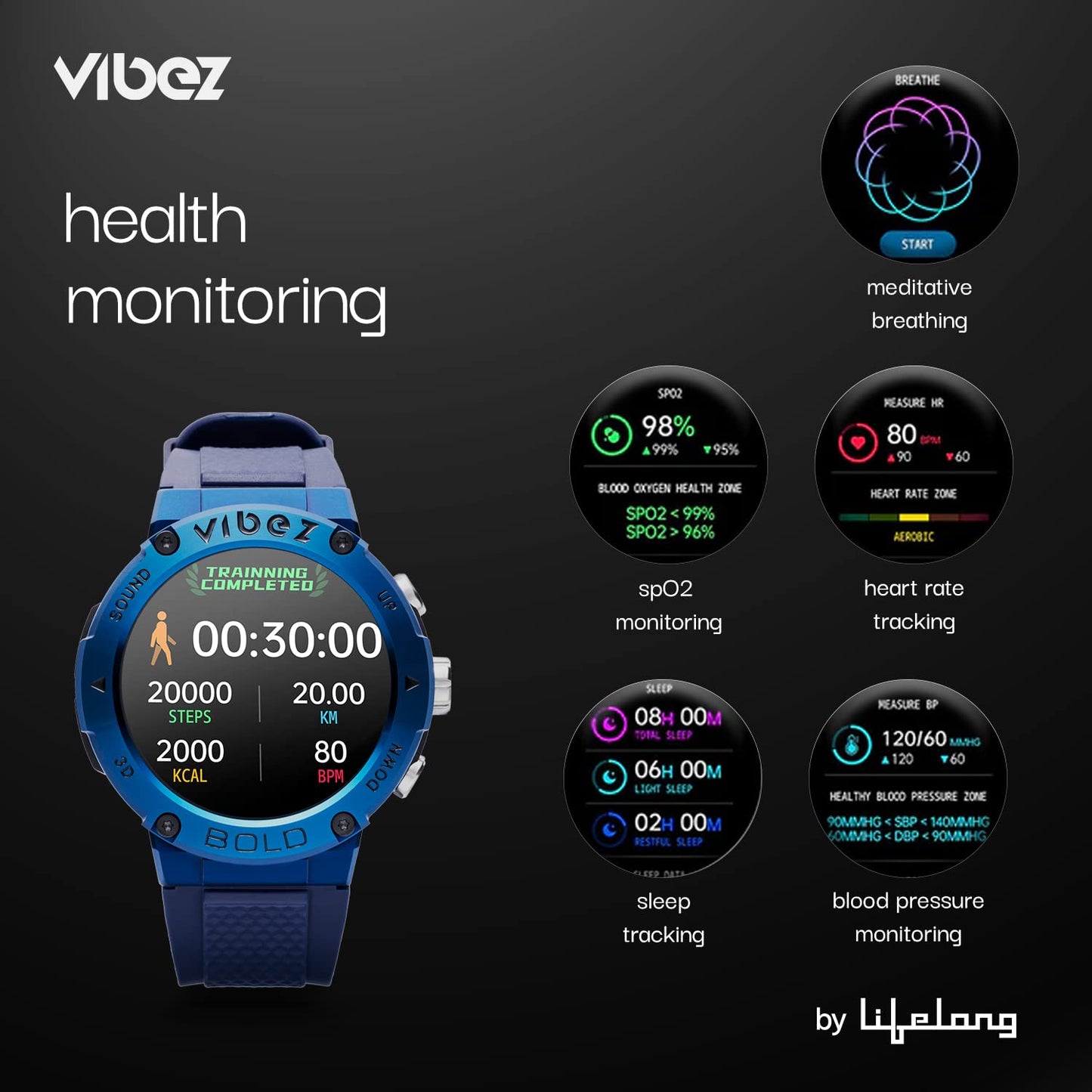 Vibez by Lifelong Bold Smartwatch for Men with BT Calling | 1.32” HD Display | 24×7 Heart Rate & Blood Oxygen | Sports Modes | IP67 | Sleep Monitor | 7 Days Battery Backup – Blue