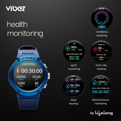 Vibez by Lifelong Bold Smartwatch for Men with BT Calling | 1.32” HD Display | 24×7 Heart Rate & Blood Oxygen | Sports Modes | IP67 | Sleep Monitor | 7 Days Battery Backup – Blue