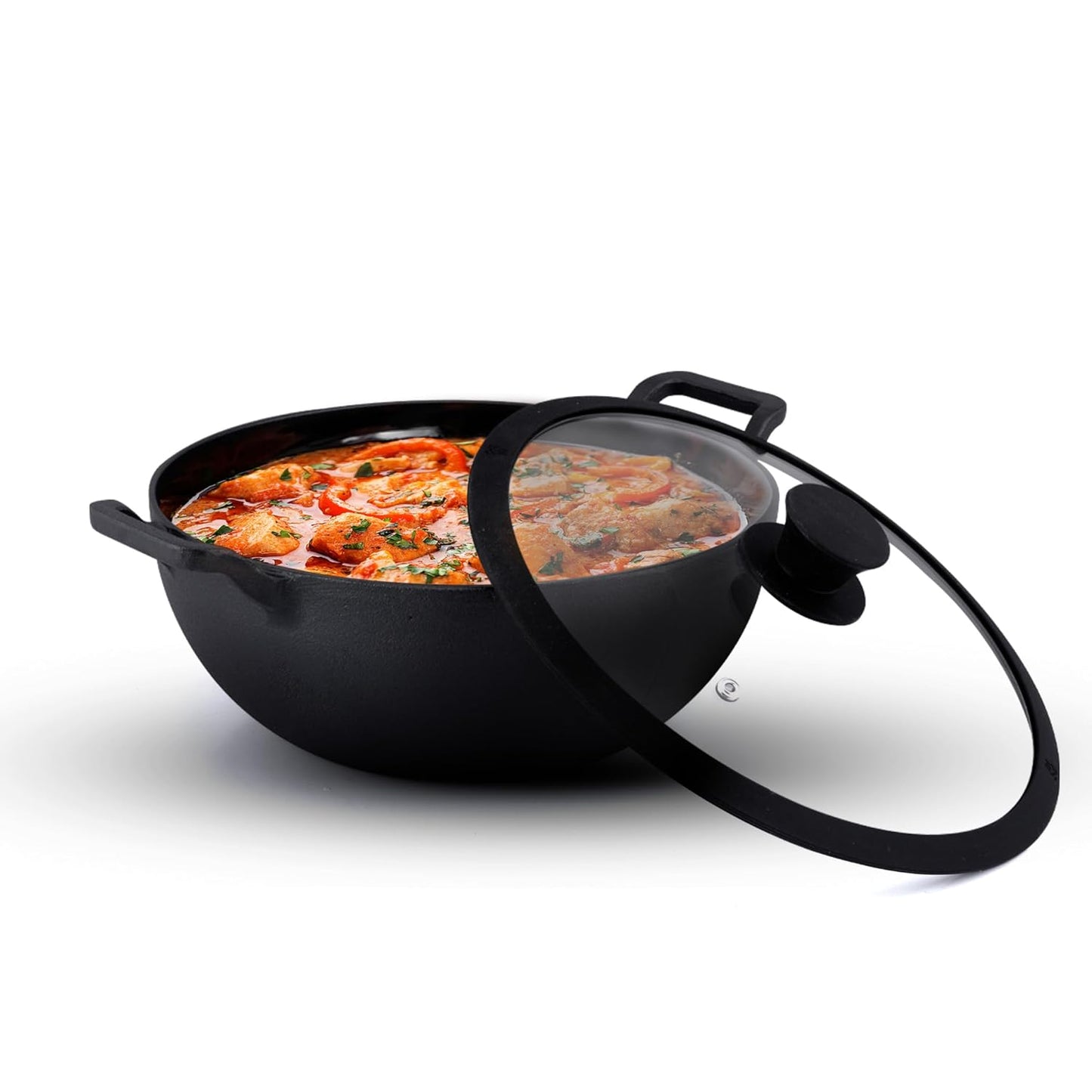 AGARO Royal Pre-Seasoned Cast Iron Kadai 4.3L | Glass Lid | Heavy Duty Uni-Body | No Chemical Coating | Gas & Induction Compatible | Black