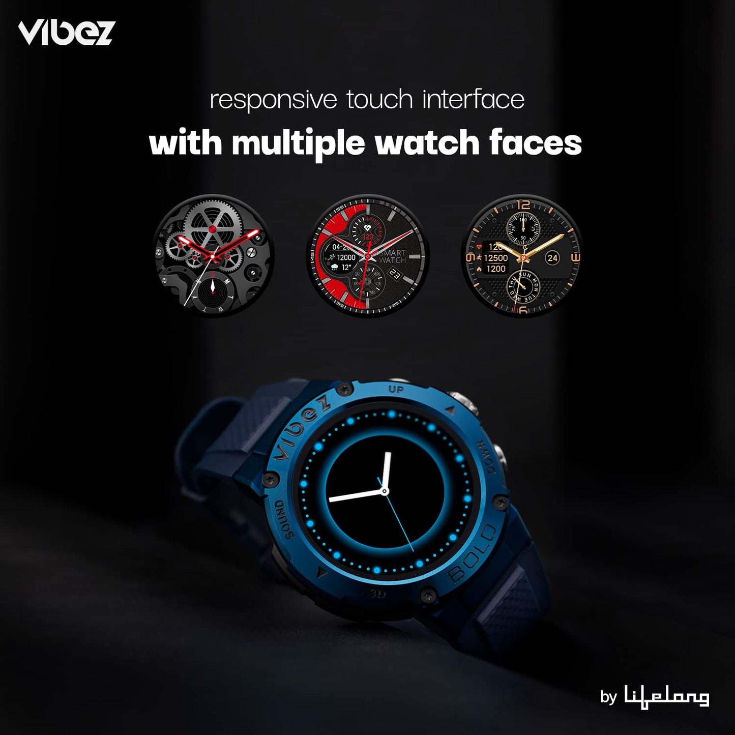 Vibez by Lifelong Bold Smartwatch for Men with BT Calling | 1.32” HD Display | 24×7 Heart Rate & Blood Oxygen | Sports Modes | IP67 | Sleep Monitor | 7 Days Battery Backup – Blue