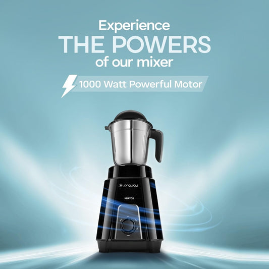 Longway Kratos 1000W Juicer Mixer Grinder with 4 Stainless Steel Jars | Powerful Copper Motor | Mixer, Grinder & Juicer | Black | Free Delivery