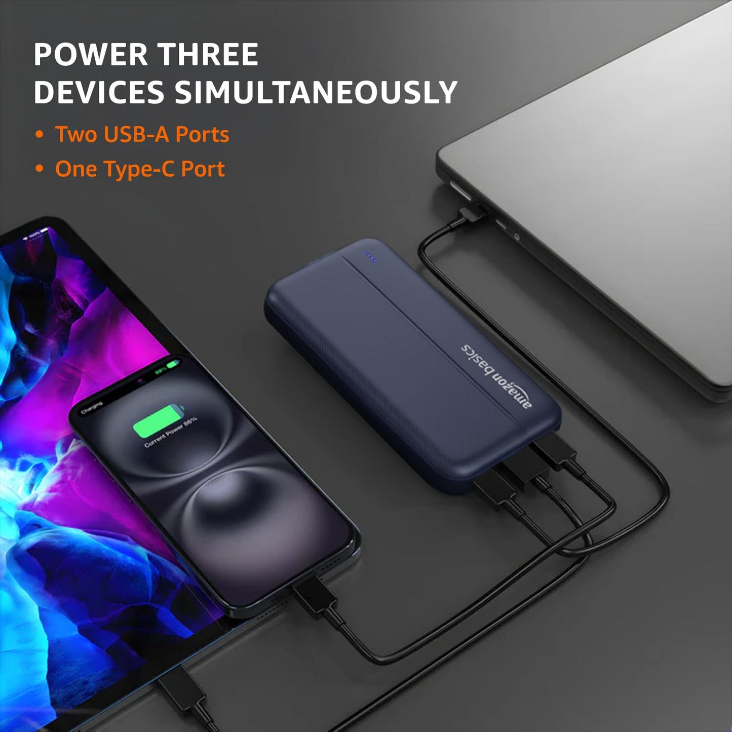 Amazon Basics 20000mAh Power Bank with 22.5W Fast Charging | Triple Device Support | Dark Blue