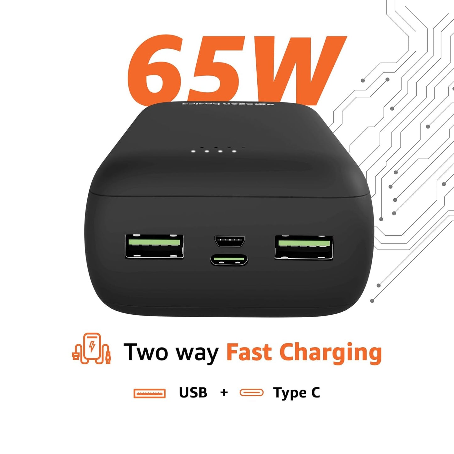 Amazon Basics 27000mAh 65W Ultra-Fast Charging Power Bank – PD Fast Charging, USB-C & USB-A Output, Two-Way Fast Charge, High-Capacity Portable Charger (Black)
