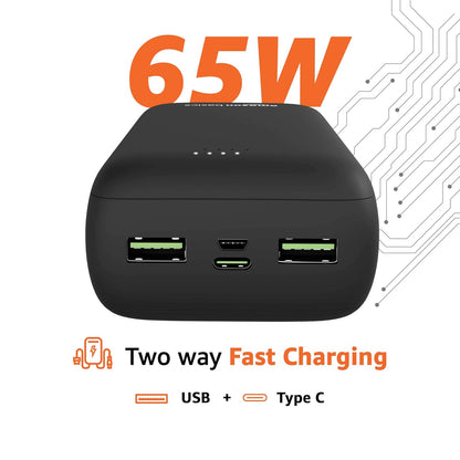 Amazon Basics 27000mAh 65W Ultra-Fast Charging Power Bank – PD Fast Charging, USB-C & USB-A Output, Two-Way Fast Charge, High-Capacity Portable Charger (Black)