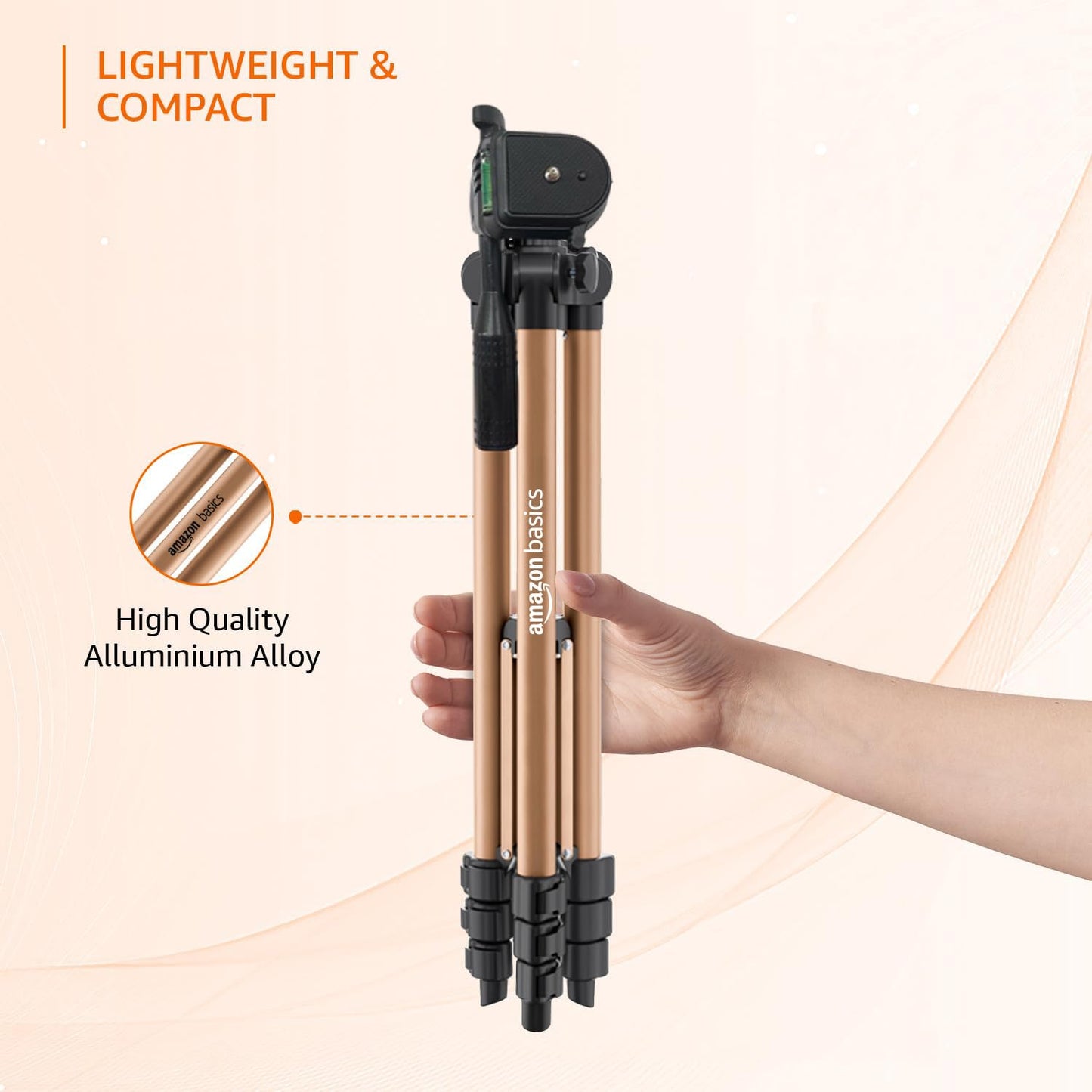 Amazon Basics Adjustable Camera Tripod 41-134cm | Mobile Holder, Carry Bag Included | Lightweight Aluminum Stand for DSLR, GoPro & Smartphones | Copper